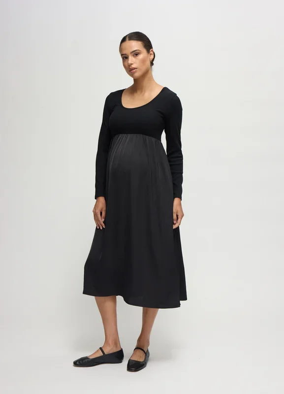 The Double Take Mixed Media Black Maternity Midi Dress
