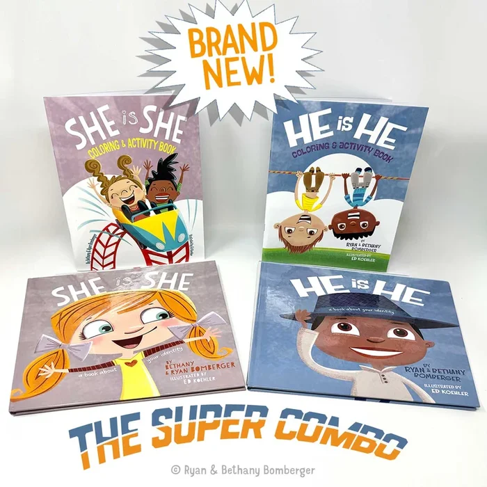 THE SUPER ID COMBO – “He Is He” and “She Is She” hardcover & Coloring & Activity books by Ryan & Bethany Bomberger