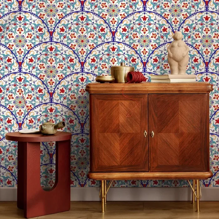Tile Wallpaper With A Moroccan Azulejo Motif In Blue, Red, And Yellow – B820