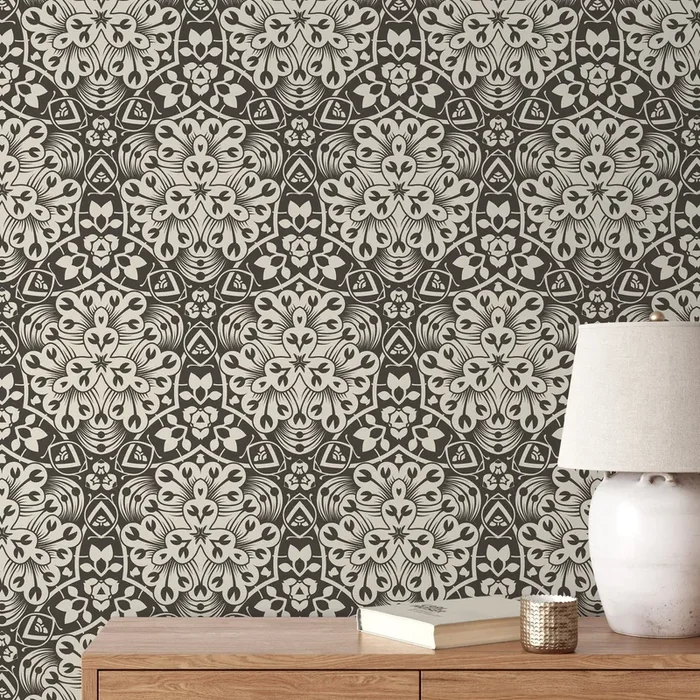 Tile Wallpaper With A Portuguese Azulejo Motif In Black And Beige – X092