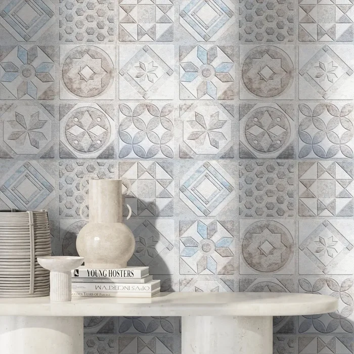 Tile Wallpaper With A Portuguese Azulejos Motif In Blue, Brown, And Gray – A556