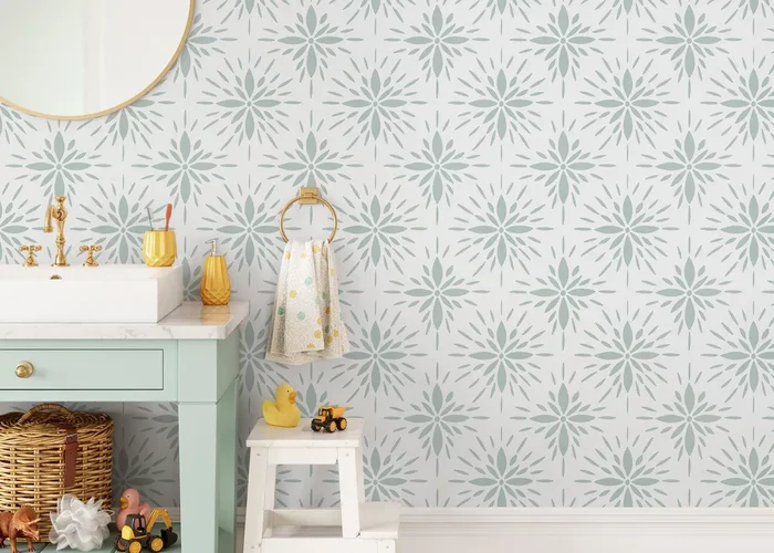 Tile Wallpaper With A Stylized Floral Medallion In Sage Green – D332