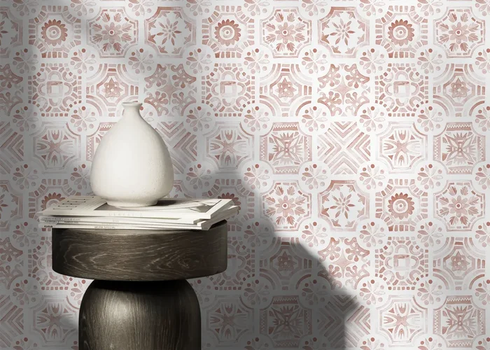 Tile Wallpaper With A Watercolor Moroccan Motif In Terracotta Red – D533