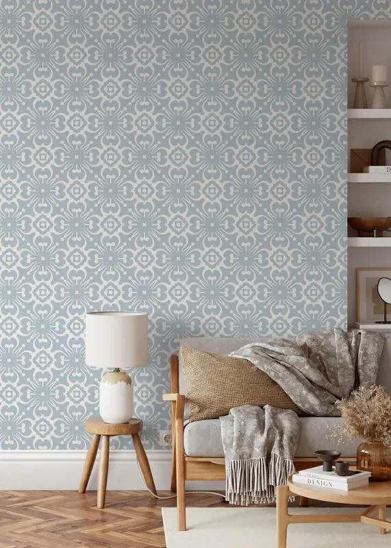 Tile Wallpaper With An Intricate Mediterranean Motif In Light Blue And Cream – D178
