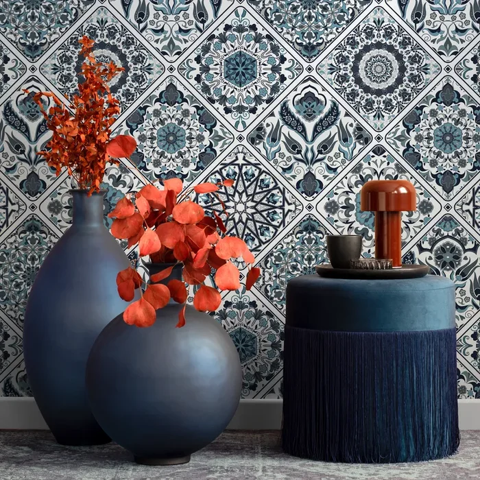 Tile Wallpaper With Intricate Mandala Motifs In Blue And Gray – B822