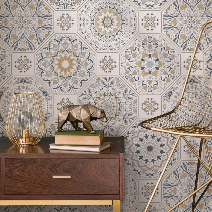 Tile Wallpaper With Intricate Mandala Motifs In Blue, Yellow, And Beige – B872