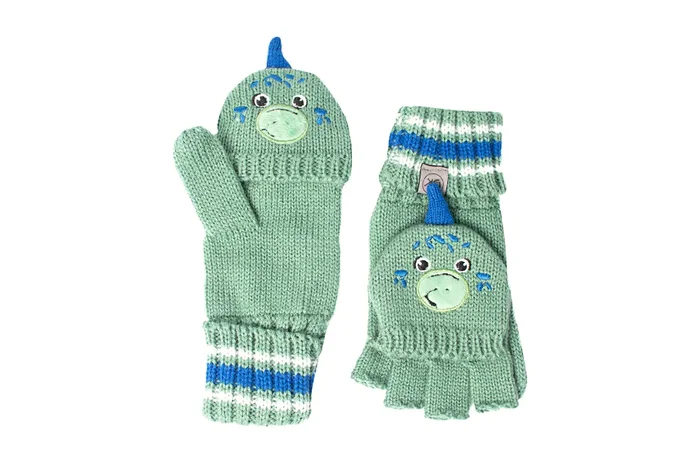 Toddler/kids Knitted Fingerless Gloves With Mitten Flaps – Dino Green