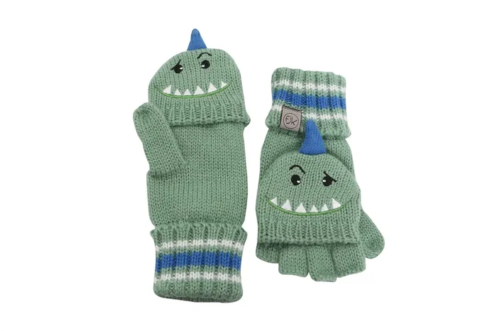 Toddler/kids Knitted Fingerless Gloves With Mitten Flaps – Dinosaur