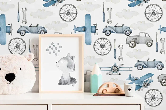 Transportation Wallpaper With Vintage Airplanes And Cars In Blue And Gray – D527
