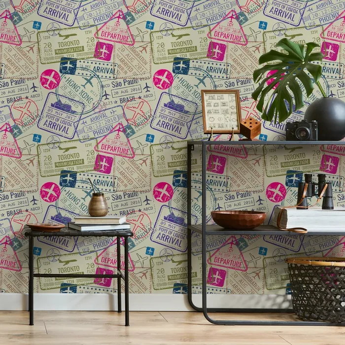 Travel Wallpaper With A Collage Of Passport Stamps In Magenta, Blue, And Green – B507