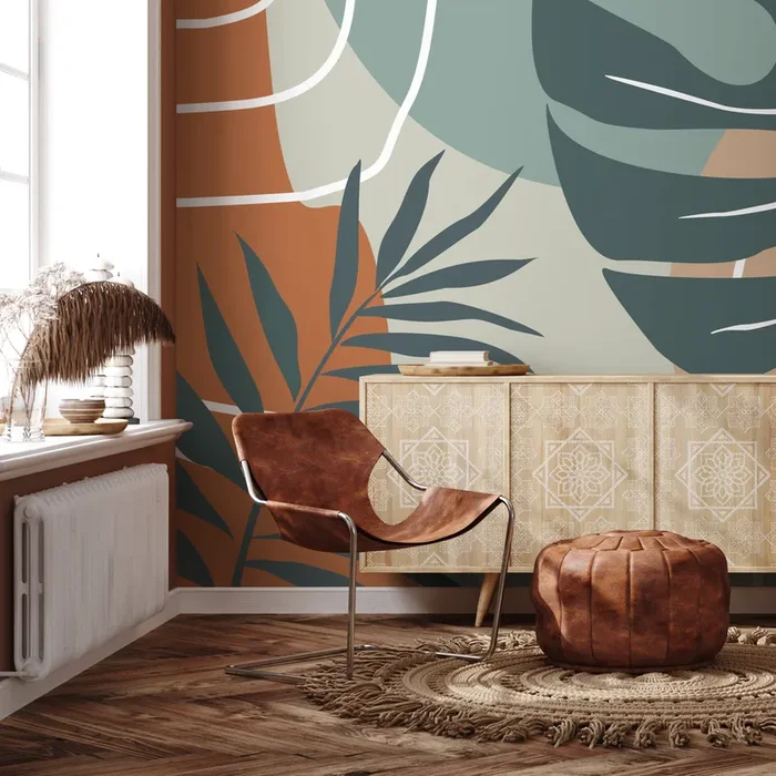 Tropical Abstract Wallpaper With Leaf Silhouettes In Terracotta And Teal – B961