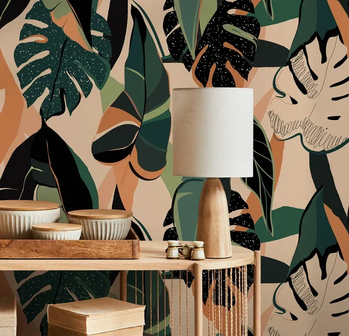 Tropical Wallpaper Featuring Abstract Jungle Leaves In Green, Terracotta, And Black – B229