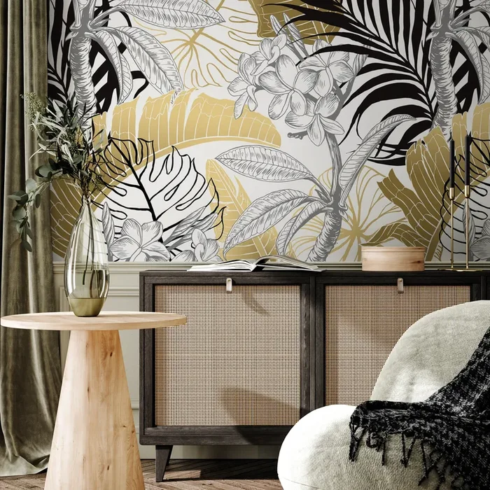 Tropical Wallpaper Featuring Bold Jungle Leaves In Gold, Black, And Grey – B387