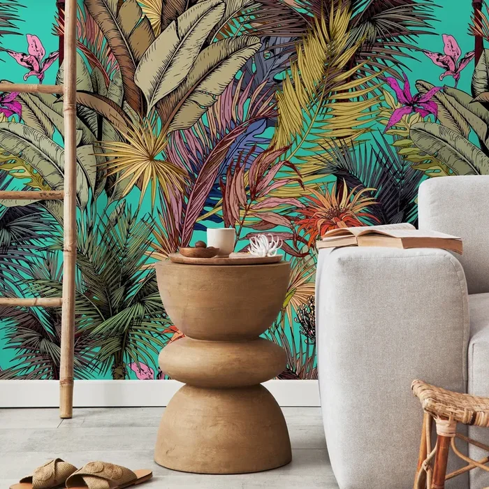 Tropical Wallpaper Featuring Exotic Jungle Leaves In Teal, Pink, And Gold – A764