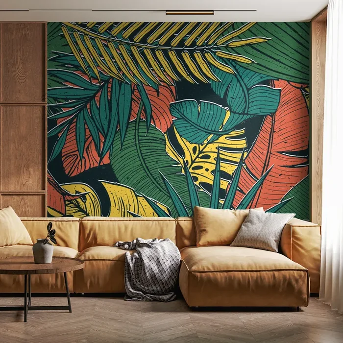 Tropical Wallpaper With A Bold Jungle Leaf Motif In Green, Yellow, And Orange – B555