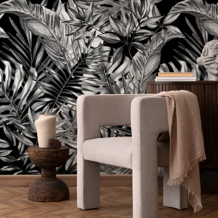 Tropical Wallpaper With A Hand-drawn Jungle Motif In Black And White – A161