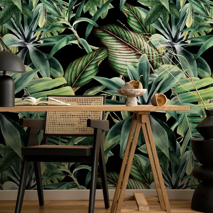 Tropical Wallpaper With A Lush Jungle Leaf Motif In Green And Black – A528