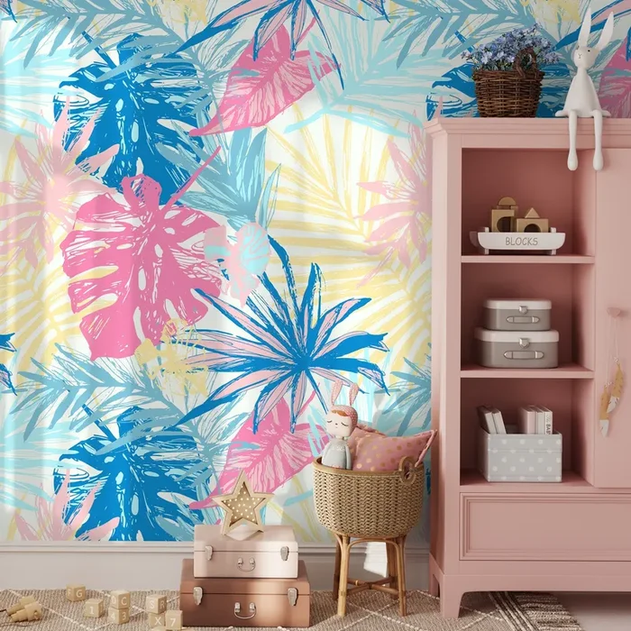 Tropical Wallpaper With A Painterly Leaf Motif In Blue, Pink, And Yellow – A652