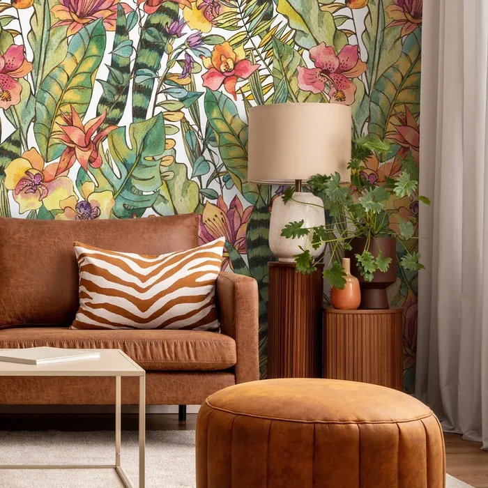 Tropical Wallpaper With A Watercolor Jungle Motif In Green, Pink, And Orange – A896
