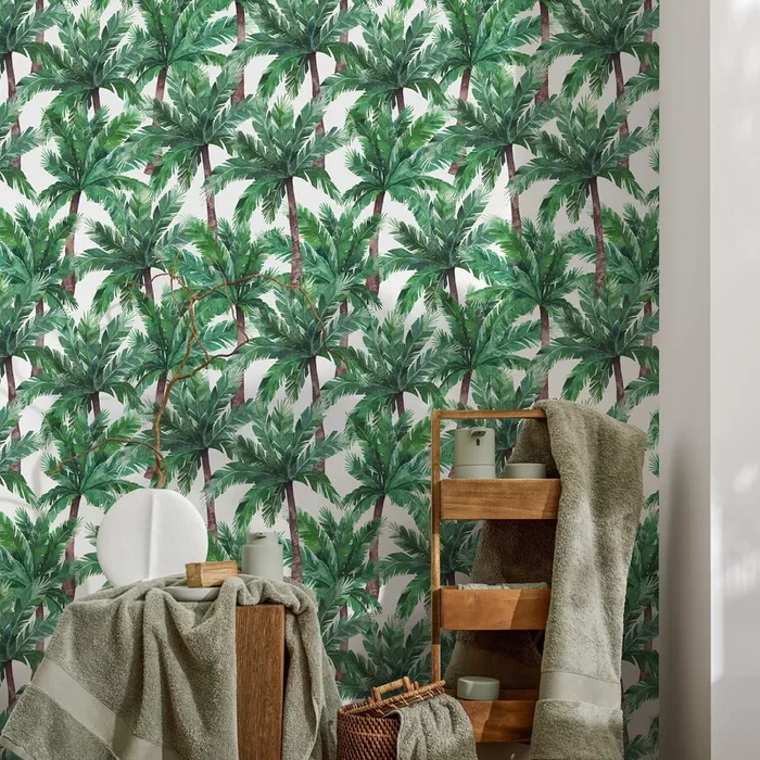 Tropical Wallpaper With A Watercolor Palm Tree Motif In Green And Brown – A019