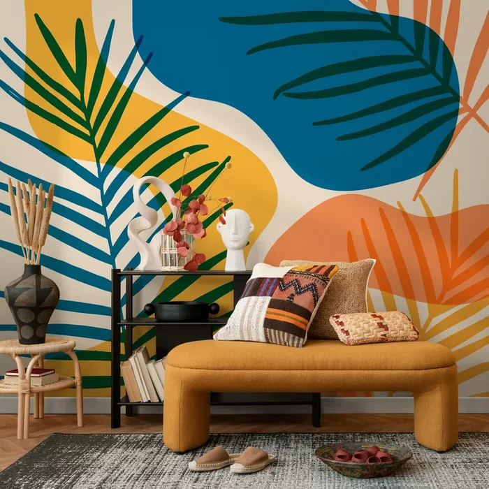 Tropical Wallpaper With Abstract Botanical Shapes In Blue, Yellow, And Orange – B959