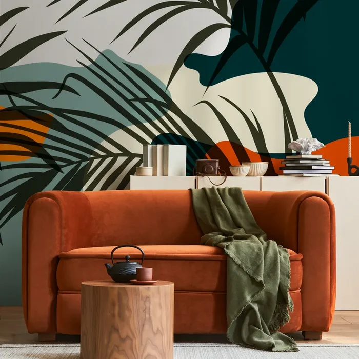 Tropical Wallpaper With Abstract Leaf Shapes In Teal, Orange, And Dark Green – C080