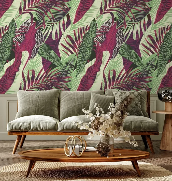 Tropical Wallpaper With Bold Jungle Leaves In Red, Green, And Purple – B132