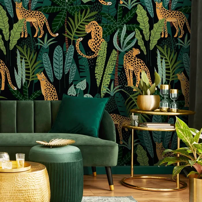 Tropical Wallpaper With Leopards In A Jungle In Black, Green, And Orange – C316