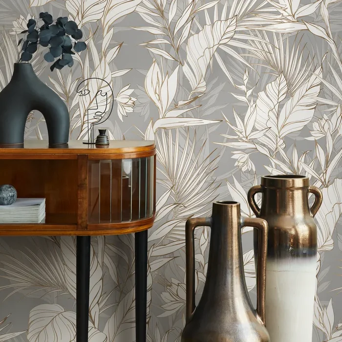 Tropical Wallpaper With Line Art Foliage In Gray, Gold, And White – C403