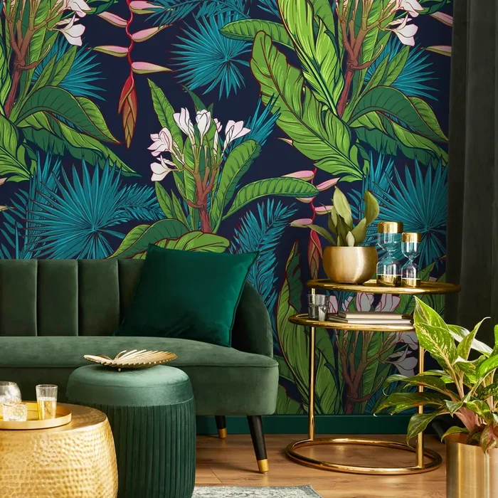 Tropical Wallpaper With Lush Jungle Leaves In Navy Blue, Green, And Teal – A469