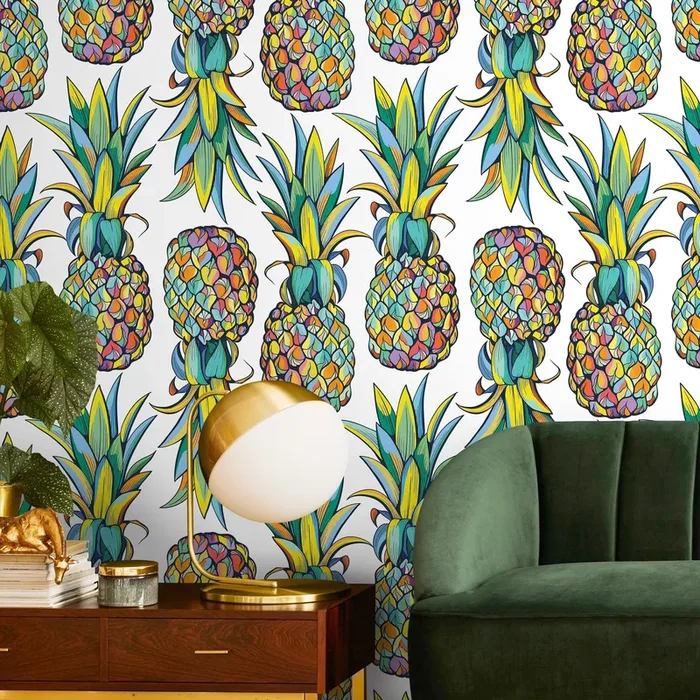 Tropical Wallpaper With Mosaic Style Pineapples In Yellow, Blue, And Green – D989