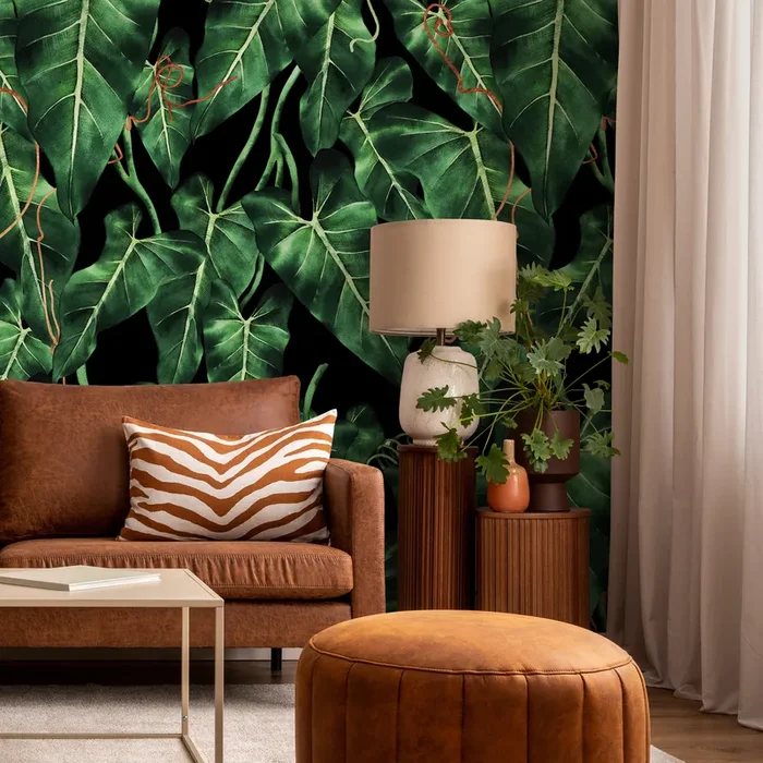 Tropical Wallpaper With Philodendron Leaves In Green, Black, And Orange – B193