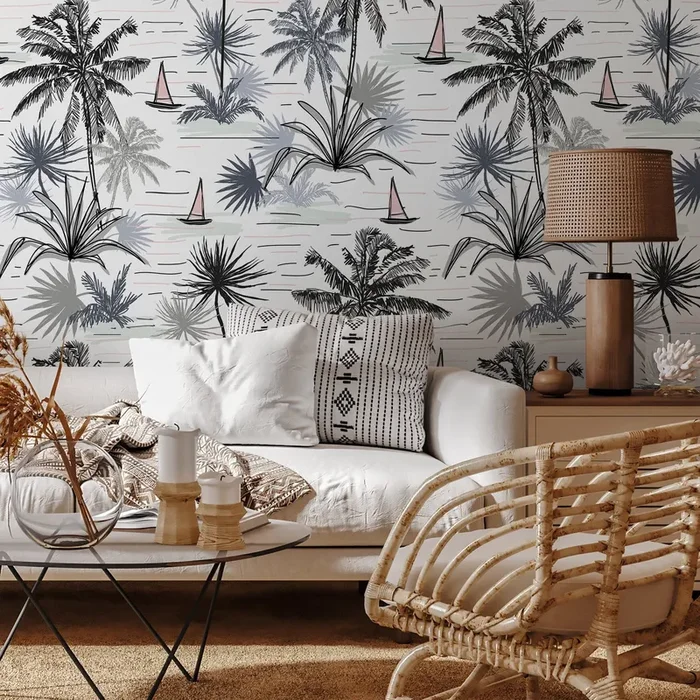 Tropical Wallpaper With Sketchy Palm Trees And Sailboats In Black, Grey, And Pink – A792