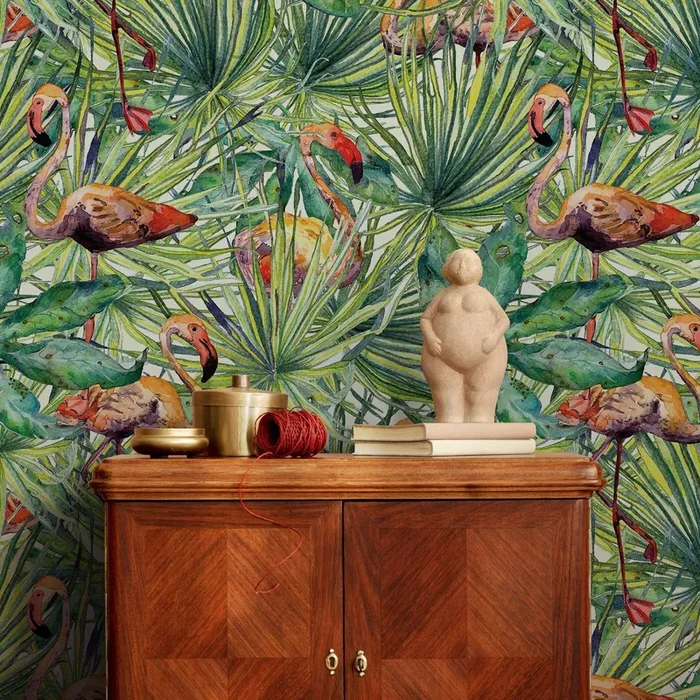 Tropical Wallpaper With Watercolor Flamingos In Green And Pink – A747