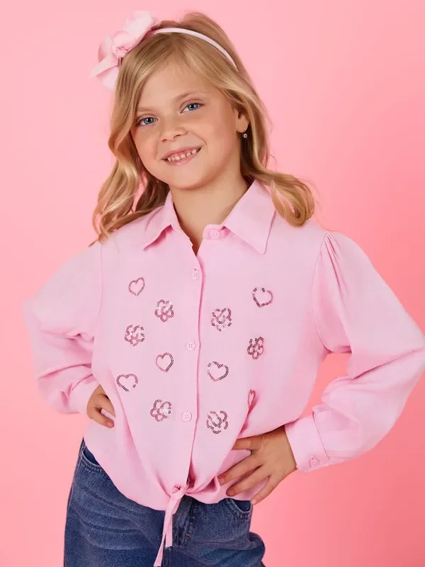 Ultra Luxe Pink Sequined Relaxed Fit Button-Up Top
