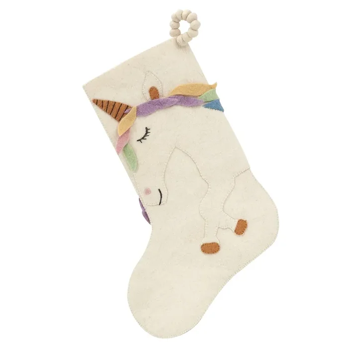 Unicorn On Cream Christmas Stocking In Hand Felted Wool