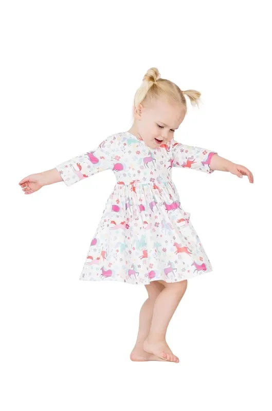Unicorn Wish 3/4 Sleeve Pocket Twirl Dress