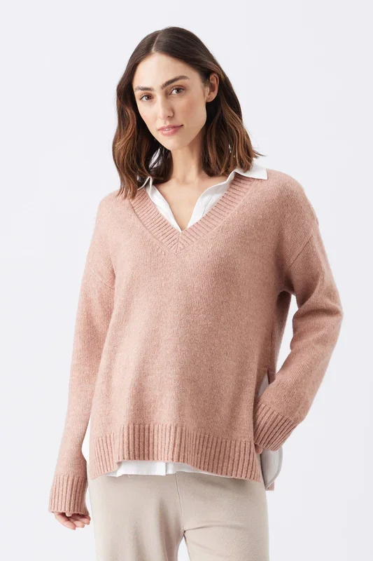 V-neck maternity and nursing sweater with side nursing openings, terracotta