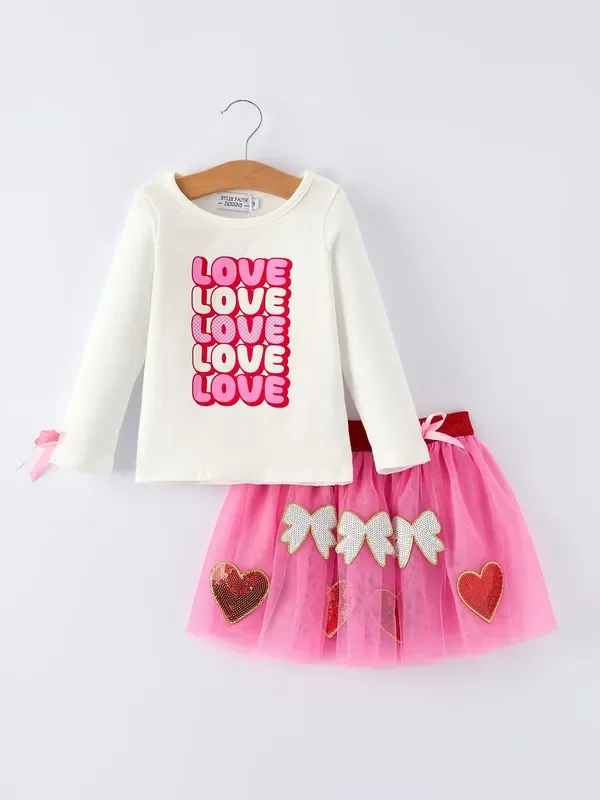 Valentine’s Day Love Print Top + Girls’ Tulle Skirt Set