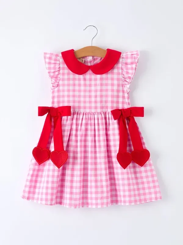 Valentine Pink Plaid Girls Dress With Red Hearts And Bows