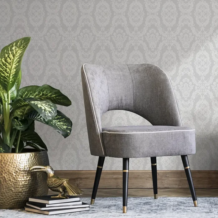 Victorian Wallpaper With An Intricate Damask Motif In Gray And Light Gray – C338