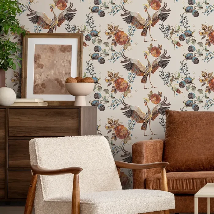 Vintage Floral And Bird Wallpaper With An Embroidered Motif In Orange And Blue – D404