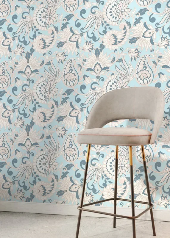 Vintage Floral Wallpaper With A Damask Motif In Light Blue And Pink – D090