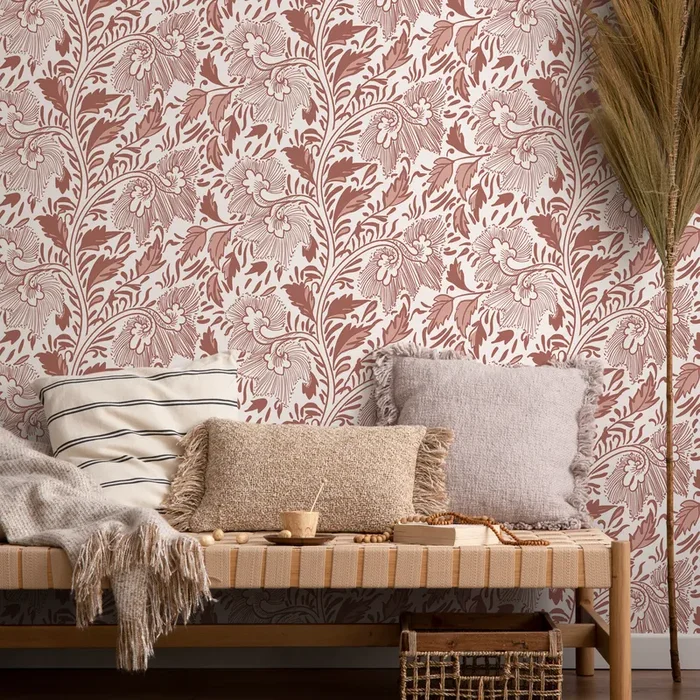 Vintage Floral Wallpaper With A Stylized Vine Motif In Terracotta And Dusty Rose – C294
