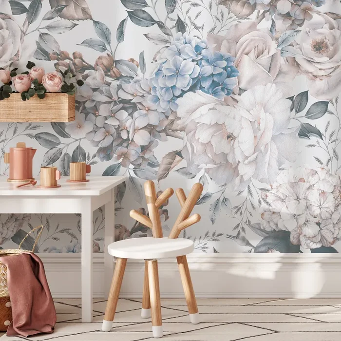 Vintage Floral Wallpaper With Peonies In Blue, Pink, And Gray – B232