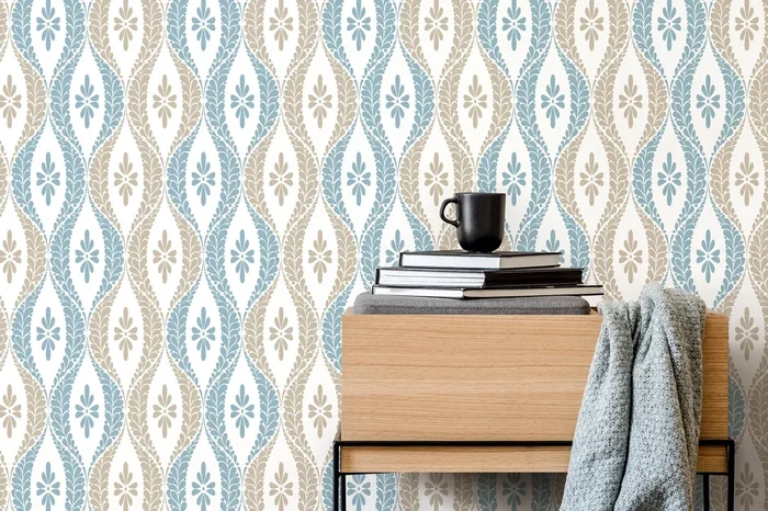 Vintage Wallpaper With A Damask Inspired Motif In Blue And Beige – D172
