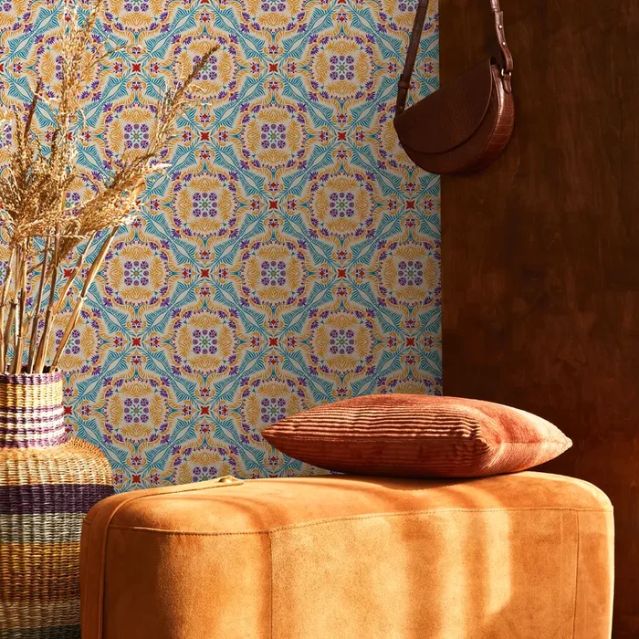 Vintage Wallpaper With An Intricate Tile Motif In Blue, Orange, And Purple – C385