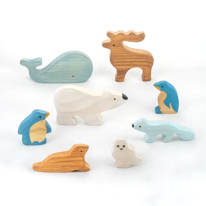 Waldorf Wooden Arctic Animals – Set Of 8 Hand-painted Polar Animals