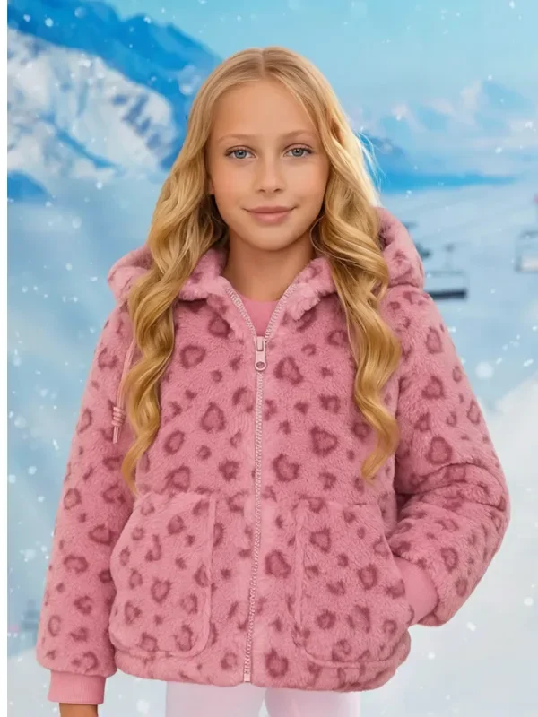 Warm Pink Leopard Hooded Furry Zip-Up Jacket
