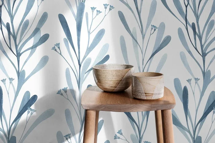 Watercolor Wallpaper Featuring Delicate Floral Stems In Blue – X058